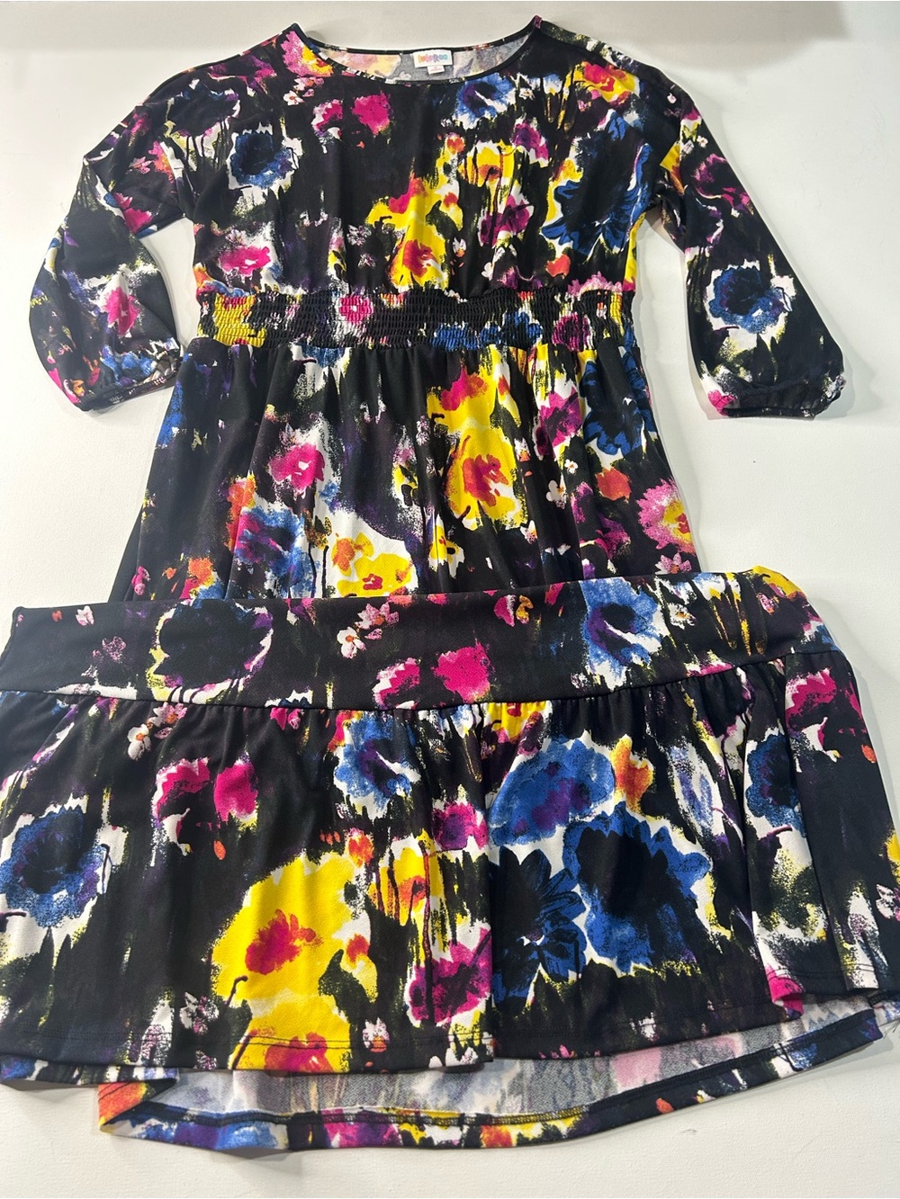 LuLaRoe Black Maxi Dress with Yellow, Blue & Pink Floral Print